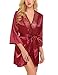 Produktbild Meaneor_Fashion_Origin Damen Satin Schieres Kimono Robe Einfarbig Morgenmantel Sexy Nachtwäsche Spitze Reizwäsche V-Ausschnitt Negligee Sleepwear Nachthemd mit G-String mit Gürtel Weinrot L