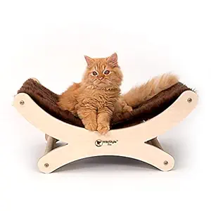 WildStyle Pets (Curve Cat Bed), Cats Bed, Kitten Bed, Indoor & Outdoor, Detachable Wooden Frame, Elevated Pet Bed, Brown Fur Fabric