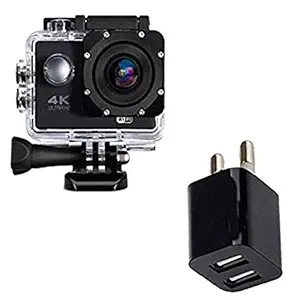 Drumstone 4K 16Mp Sports Action Camera with 170 Degree Ultra Wide-Angle Lens with Lightweight Dual Port USB Wall Charger Adaptor