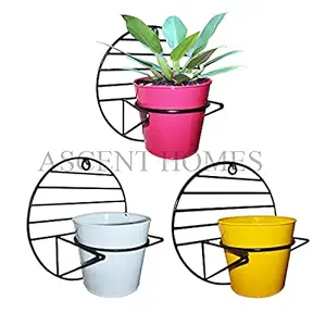 Ascent Homes Wall Mount Metal Planter Stand with Round Galvanized Pot (Set of 3 Pcs)