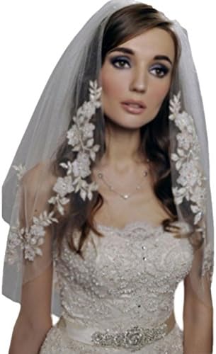 RuiyuhongE Short 2T Pearl Lace Appliques Bridal Wedding Veil Elbow Length