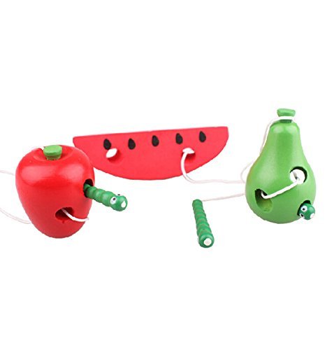 SecretRain Threading Toy Wooden Fruit Kids Wood Lacing Activity Puzzle Game Apple Pear Watermelon Set of 3