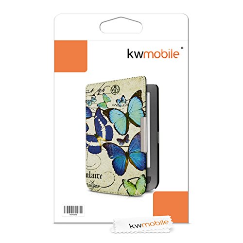 kwmobile Hülle für Pocketbook Touch Lux 3 / Touch Lux 2 – Flipcover Case eReader Schutzhülle – Bookstyle Klapphülle Schmetterlinge Vintage Design Blau Mintgrün Beige - 7