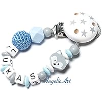 Schnullerkette -Junge -Fuchs - Grau - Blau HEXAGON perle (Häkelperle)