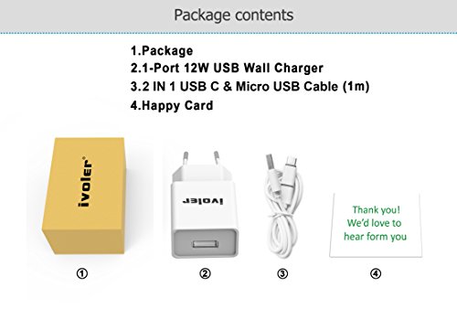 iVoler Super Mini Caricatore da Muro Portatile a 1 Porte (12W/ 2.4A Max) Incluso un Cavo 2 in 1 Type C e Micro USB (1m) per Samsung Galaxy S9 / S9 Plus / S8 / S8+ / S7 / S7 Edge / S6 Edge/S6 Edge+, iPhone, Huawei, ASUS, LG, Microsoft Lumia, Motorola, Ultra Compatto Caricabatterie USB Alimentatore Caricatore da Parete con Tecnologia di Ricarica Rapida Qsmart per iPhone, iPad, Android Smartphone, Tablet, e gli altri dispositivi USB. - Bianco