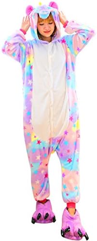 TIAQUE Adults Unicorn Onesie Pyjamas Animal Cartoon Flannel Sleepwear for Women &amp; Men Cosplay Christmas Nightclothes(L, Stars)