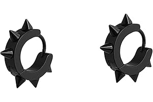 QKEOISUD Punk Rivet Black Earrings Spiky Round,Stainless Steel Silver Hypoallergenic Small Piercing Huggie Hoop Ear Jewellery,for Mens Women