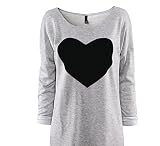FEITONG Manera de las mujeres del amor del corazón Impreso Manga larga redonda del cuello de la camiseta (L, marrón)