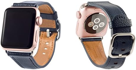 Apple iWatch Genuine Leather Wrist Band Replacement Straps - 4 Colours for 38mm & 42mm Series 1, 2 & 3 with Stainless Steel Buckle Clasp (38mm, Navy)