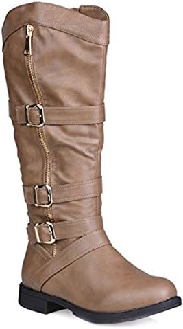 Dniu Women's Knee High Boots,Stretchy Wide Calf Faux Leather Flat Boot with Multi Buckle Straps(Taupe,8 UK)