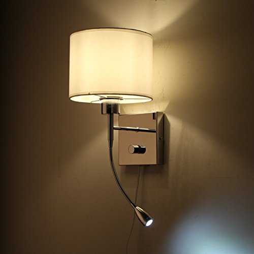 ONEPRE Modern Plug in Bedside Wall Light Hotel Style Polished Chrome Wall Lamp with Flexible 3W LED Reading Light, 4 Position Knob Switch