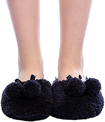 FRALOSHA Women Hairball Winter Female Slippers Keep Warm Non-Slip Soft Bottom Indoor Floor Shoes (Black)