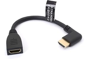 HTGUOJI Przedłużacz HDMI 8K, krótki kabel HDMI 2.1, męski na żeński, kąt 90 stopni, szybki przedłużacz 48 Gb/s, adapter obsługuje 8K przy 60 Hz, 4K przy 120 Hz, dynamiczny HDR, eARC, VRR, 3D do