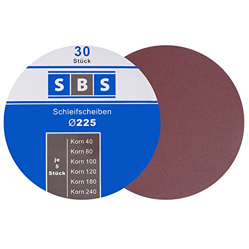 SBS® Schleifscheiben Klett-Schleifpapier Ø 225 mm 30 Stück Körnung je 5 x 40/60/80/120/180/240