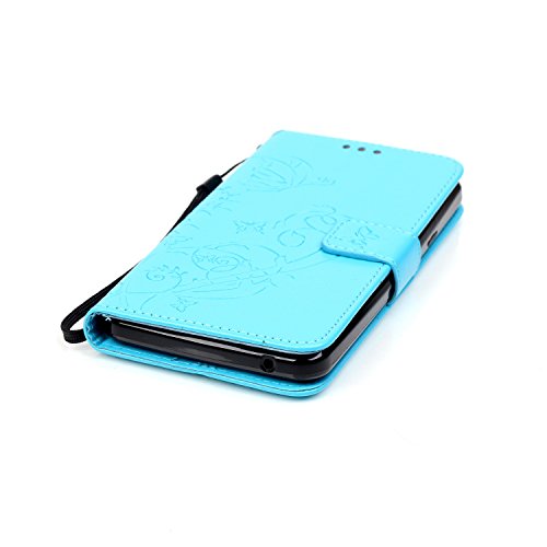 Wiko Rainbow Hülle,Wiko Rainbow 4G Ledertasche Brieftasche im BookStyle,SainCat PU Leder Wallet Case Folio Reliefprägung Schutzhülle Schmetterling Muster Hülle Braun Bumper Handytasche Skin Schale Soft Backcover Handy Tasche Flip Cover Buchstil Klapptasche in Lederoptik mit Standfunktion Karteneinschub und Magnetverschluß Etui Flip Case für Wiko Rainbow 4G (Blau) - 6