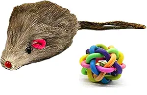 RvPaws Real Fur Mouse Cat Toy + One Colorful Rainbow Rubber and Latex Woven Balls with Inner Bell (Combo of 2).