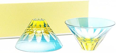 Made in Japan High-Quality Edo Glass Inverted Fujisan (Mt. Fuji) Pair Sake Cup Blue Amber x Blue Amber