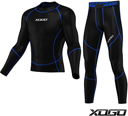 XOGO Mens Compression Armour Base layer Top Skin Fit Shirt + Leggings set (Black/Blue Set (Top + Bottom), Small)