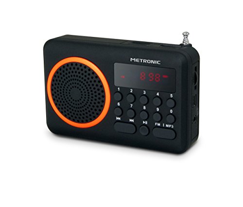 Metronic 477204 Radio portátil FM compacto con puerto USB + lector tarjeta Micro SD, negro/naranja