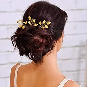 Unicra Bride Wedding Leaf Hair Pins Bridal Gold Hair Accessories Hair Piece for Women and Girls (Pack of 3)