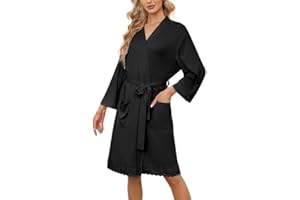 LYCY Bademantel Damen leicht kurz Morgenmantel weich Spitze Hausmantel Loungewear 3/4 Ärmel