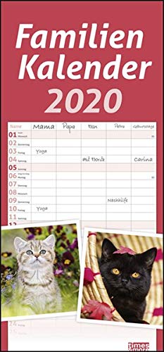times&more Katzen Familienplaner. Wandkalender 2020. Monatskalendarium. Spiralbindung. Format 21 x 45 cm