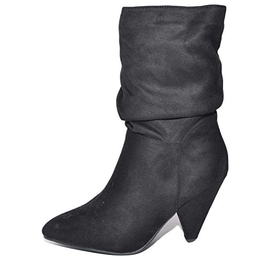 Malu Shoes Tronchetto Donna Stivaletto Nero Arricciato Modello camperos con Tacco a Cono Moda Glamour (37 EU)