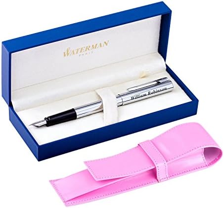 Personalised Laser engraved stylish Waterman Fountain Pen Graduate Chrom + PAGANI Pink - Ideal Gift - Comes with Genuine Leather Pen Case Pagani London Collection and Gift Box