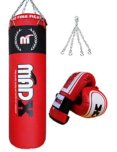 MADX - Set de boxeo (3 piezas, saco de 1,20 m con relleno, guantes, cadena), color negro y dorado