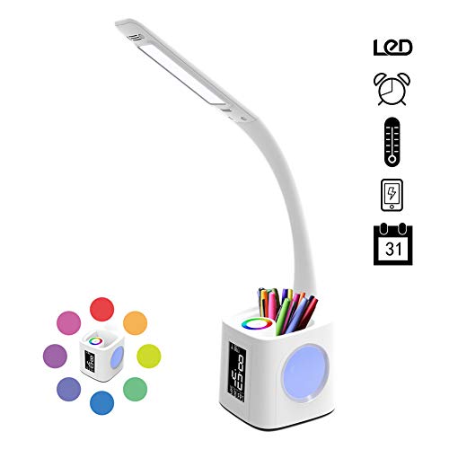 Preisvergleich Produktbild SLUU LED-Schreibtischlampe, verstellbare Schreibtischlampe, USB-Ladeanschluss, Bildschirm und Kalender- und Farbnachtlicht, Schreibtischlampe, geeignet für Kinder mit Bleistiftständer und Alarm