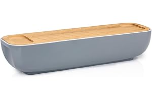 Alpina Panera con tapa de bambú/tabla de cortar, asas, 40 x 12,2 x 8,5 cm, color gris