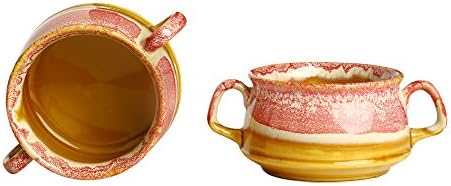 Caffeine Ceramic Pink & Brown Double Handle Soup Bowl with Spoon Hand Painted Studio Pottery Dining Bowl (Set of 2) 350 ml Each