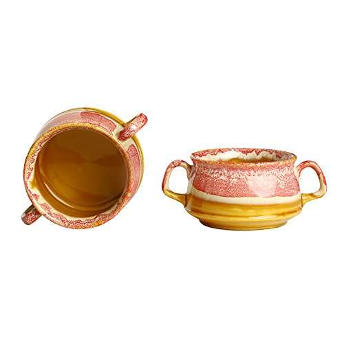 Caffeine Ceramic Pink & Brown Double Handle Soup Bowl with Spoon Hand Painted Studio Pottery Dining Bowl (Set of 2) 350 ml Each