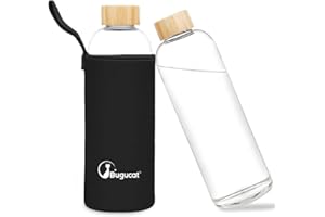 Bugucat Borraccia in Vetro 1000ML, Bottiglia d'Acqua Bottiglia Vetro Trasparente Portatile con Custodia Protettiva, Bottiglia Sportiva Borosilicato a Prova di Perdite per Bevande Calde e Fredde