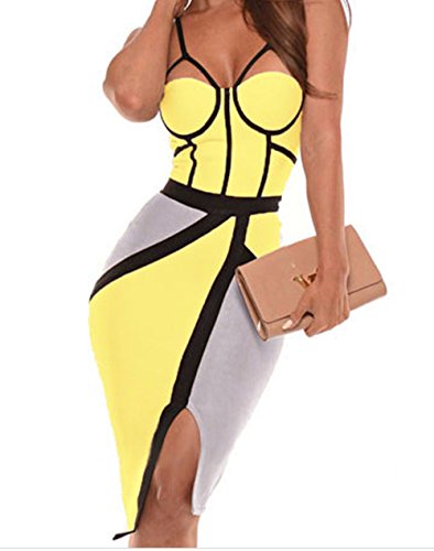 Bling-Bling Dress Women's Yellow Cutout Bandage Dress with Black Lines S
