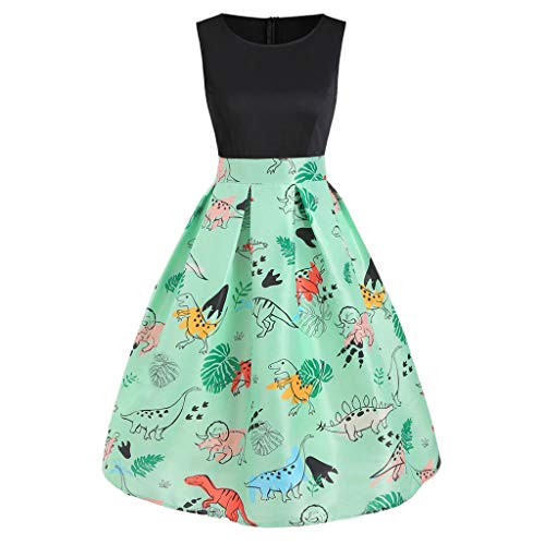 Allegorly Sexy Femme Robe Vintage à Pois Bodycon sans Manches Casual Robe de Soirée Prom Swing Robe 1950 's Style Audrey Hepburn Rockabilly Pin-up Robes Plissées Col Rond