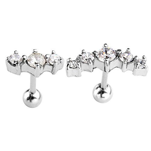 PiercingJ - 2PCS Boucle Clou d'Oreille Tragus Cartilage Helix avec Zircons Lune Croissant Strass Cristal Haltere Barbelle Acier Inoxydable Bijoux de Corps Beaute - Argent