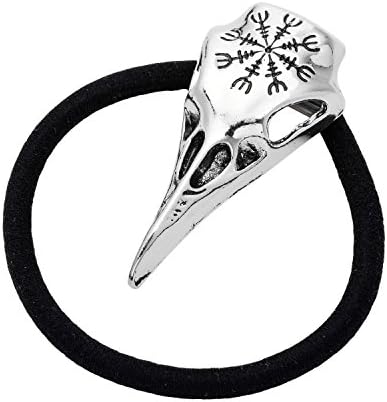 Woogge 3 Colors Viking Helm Of Awe Raven skull Wolf Head Pendant By Alchemy Gothic Halloween Bird Skull Stretch Hair Rope Ring For Women (bird head(antique silver))