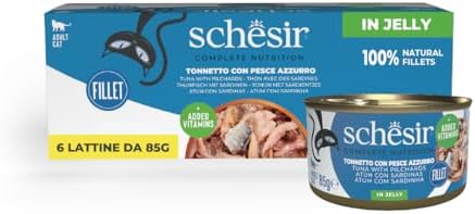 Schesir, Tonnetto con Pesce Azzurro in Gelatina, Alimento Umido Completo per Gatti, in Lattina, Con Vitamine Aggiunte, 100% Naturale, 6 x 85g