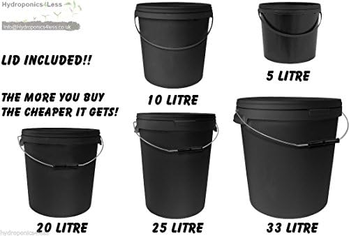 5, 10, 20, 25 or 33 Litre Black Buckets with Lids Hydroponics DIY DWC Carry ( Pack of 4 ) (33 Litre)