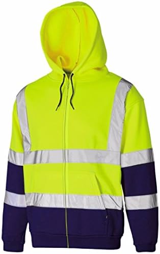 HIGH VISIBILITY HOODED HI VIZ VIS SWEATSHIRT FLEECE SCURITY SHIRTS ZIP REFLECTIVE BAND HOODIES SAFETY WORK WEAR JUMPER HOODY TOP POLLOVER (Large, Yellow Navy / Zip Up)