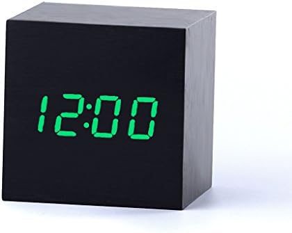 Sucun Cube Sound Control Wooden LED Digital Alarm Desk Clock Thermometer Calendar for Home Bedroom Office Use - USB/ AAA Battery Powered (Black Wood + Green LED)
