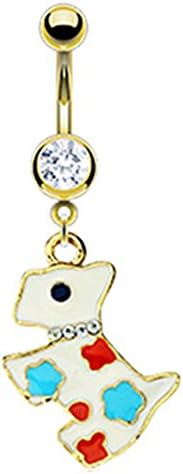 316L Surgical Steel Gold IP Plated Cubic Zirconia Enamelled Scottie Dog West Highland Terrier Navel Bar Supplied in a Tin Box