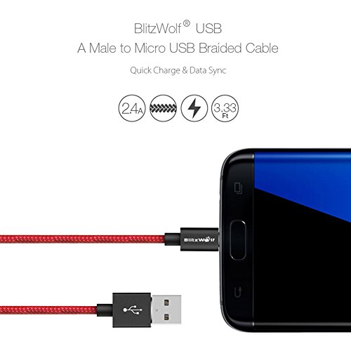 Micro USB Kabel, BlitzWolf 1m 2.4A Micro USB Ladekabel Fast Charging & Daten Sync Cord Android Ladegerät Kabel mit Magic Tape Strap für Samsung Galaxy S7 Edge / S6 / S5 / S4, Hinweis 5/4/3, HTC M9 , Xperia Z3 Z2, Moto X, LG, Sony, Tablets und Power Bank (Schwarz) - 2