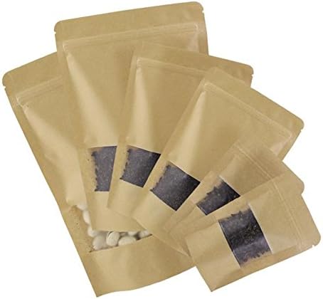 Waterproof kraft paper bags,Brown Kraft Paper Stand Up Pouch with Transparent Window Food Storage Pouches Packing Bag For Coffee Bean Tea Leaf and Snacks（5 sizes available，25pcs） , 9*14+3