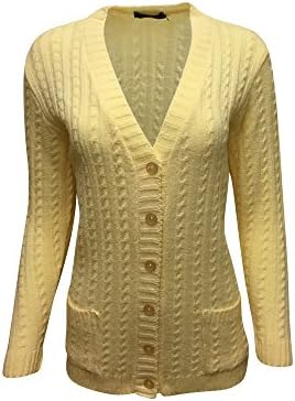 Ladies/Women's Classic Cable 2 Pocket V Neck Cardigan., Lemon, S/M