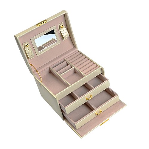 Deallink Schmuckkoffer Schmuckschatulle abschließbar Schmuckkästchen Schmuckkasten Kosmetikkoffer Schatulle, mit Spiegel Schublade und Krokodil Kunstleder Bezug in weiß