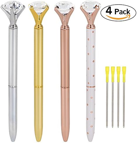 4 Pack Rose Gold Metal Ballpoint Pen with Big Glittery Crystal/Rehinestone Diamond - Nice Writting and Gergeous Polka Gold Pen - 4 Colors Star Pens ( gold / silver / rose gold / white with rose polka dots ) and 4 Pieces Ballpoint Pen Cartridge ( Black Ink )