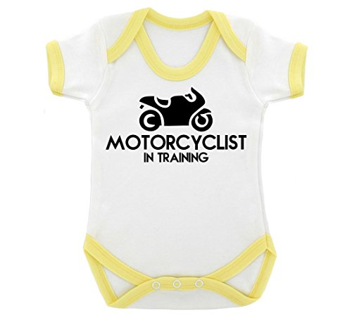 Motorcyclist In Training Design Baby Bodysuit with Yellow Contrast Trim & Black Print