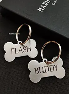 Madhechi Dog Name tag Pet ID Personalized Stainless Steel Engraved Tag for Pet Dog , Cat ID Customized Dog Tag (Dog Name Tag - Simple Bone Shape, 5 cm)